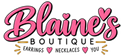 Blaine's Boutique logo featuring pink cursive script with heart accents and black block lettering reading 'BOUTIQUE' on a white background.