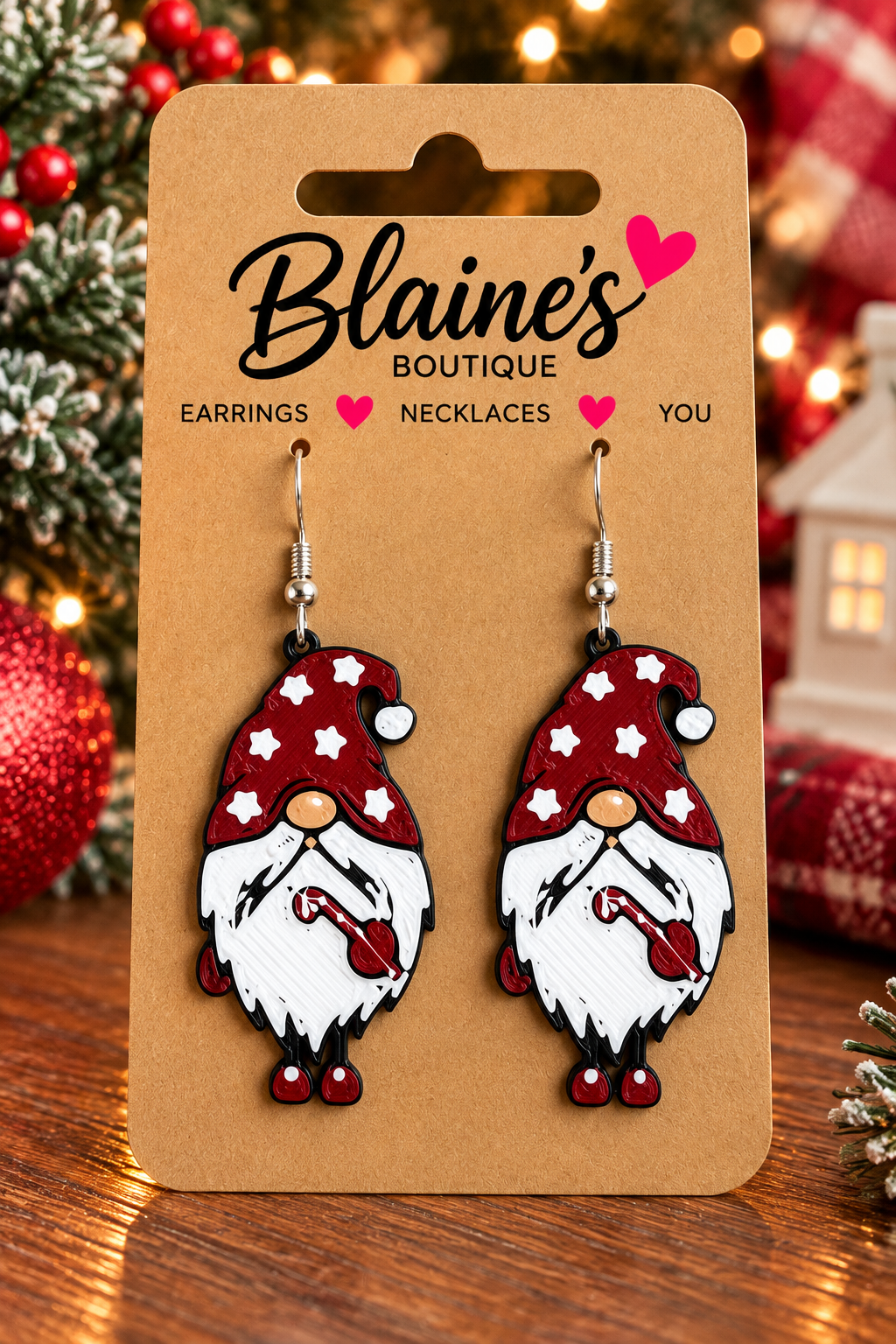 🎄 Christmas Gnome with Candy Cane Earrings ❤️